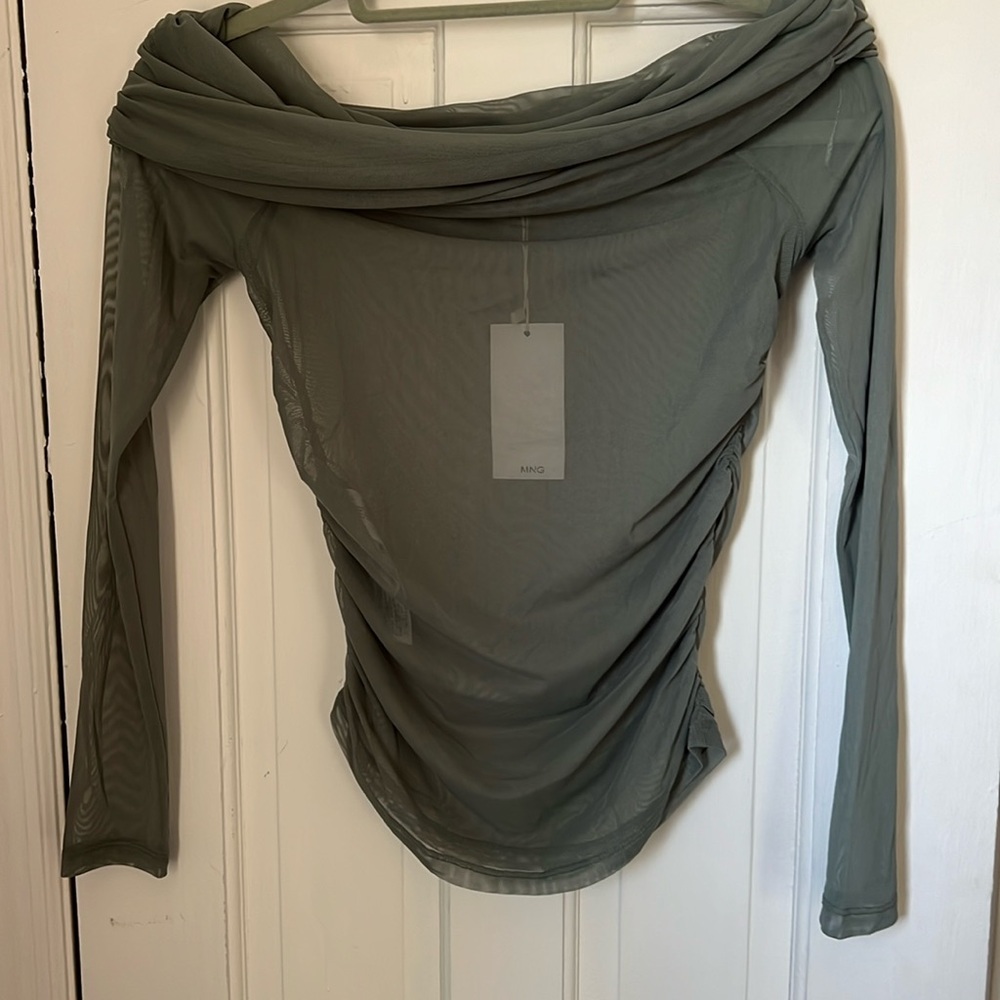 Mango green see through off the shoulder blouse